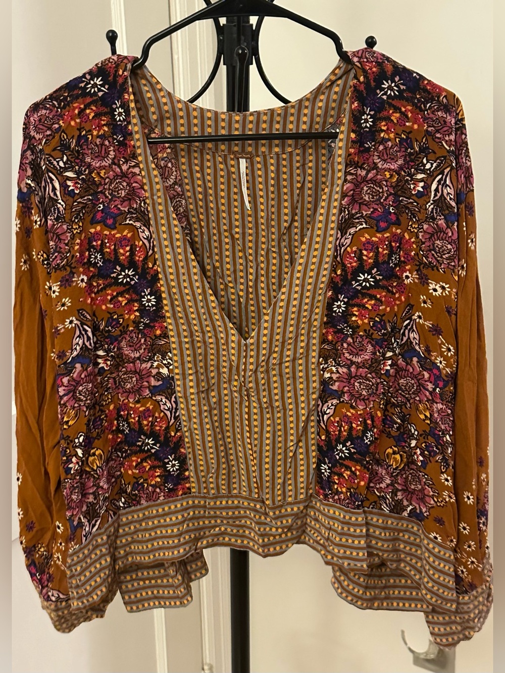 Free People Mustard Floral Split-Front Boho Blouse Size Large